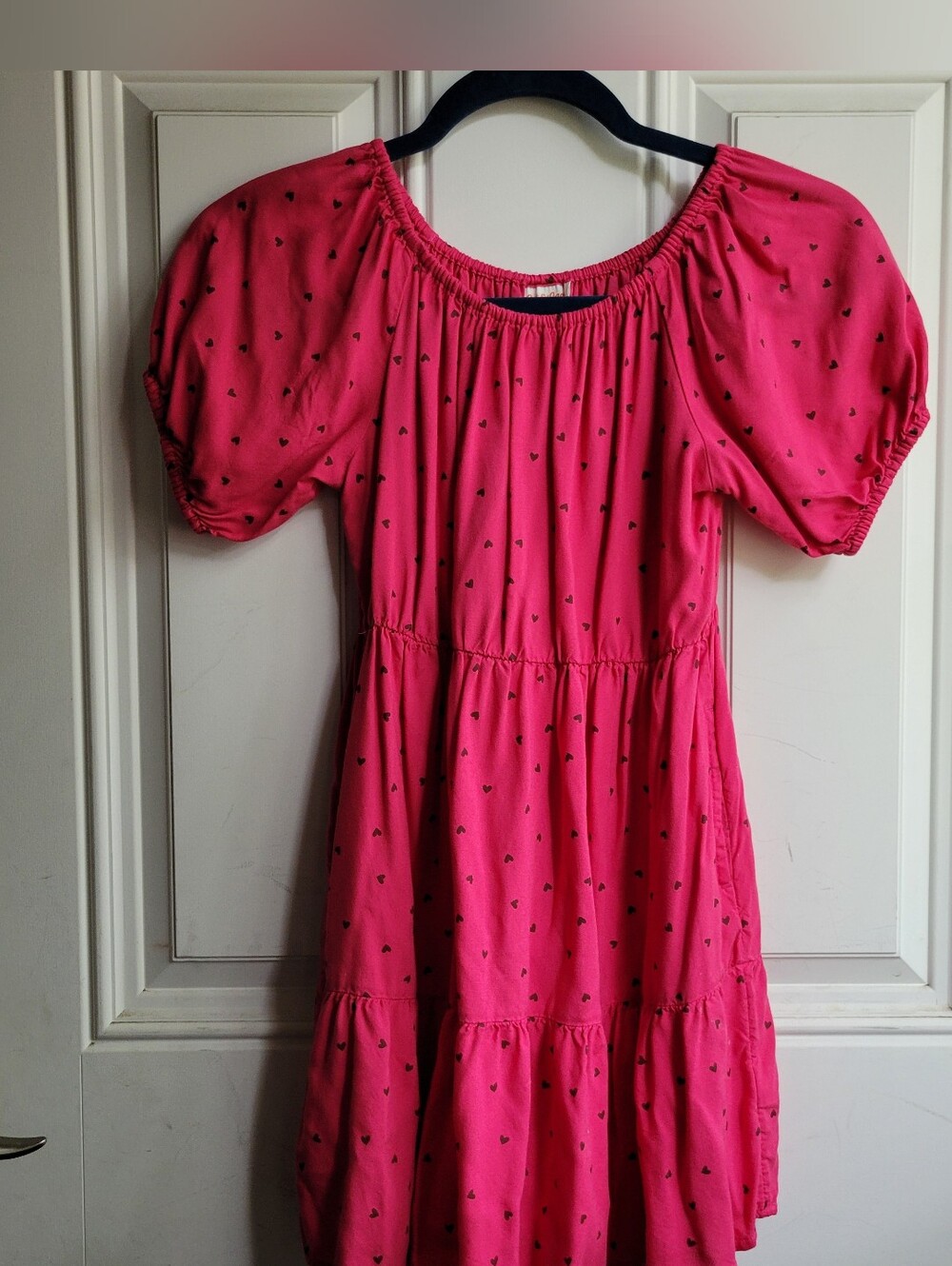 Girls' Pink Smocked Neck Tiered Dress with Puff Sleeves